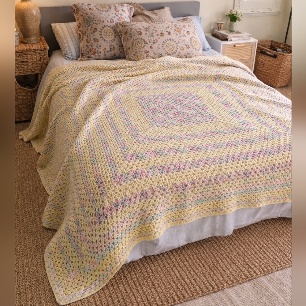 Crochet Blanket Cozy Cottagecore Heirloom Throw Pastel Granny Baby Room Vintage